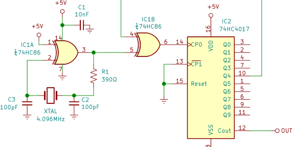 該設計使用基于 XOR 門的 Pierce 振蕩器，產(chǎn)生 455kHz 和 50% 占空比