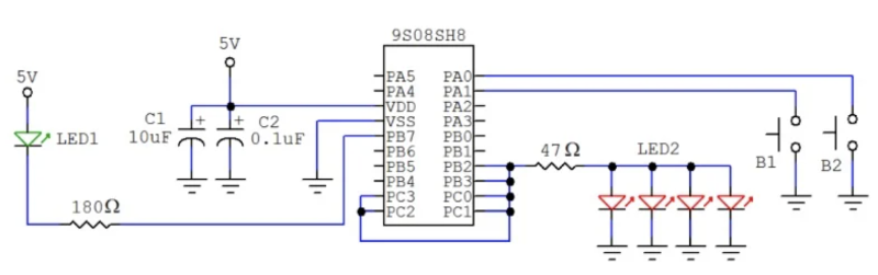 NXP 的 9S08SH8 微控制器的 GPIO 應(yīng)用。沒有外部振蕩器